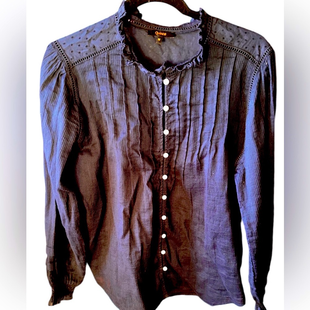 Quince Navy Blue Pintuck Button-Up Blouse